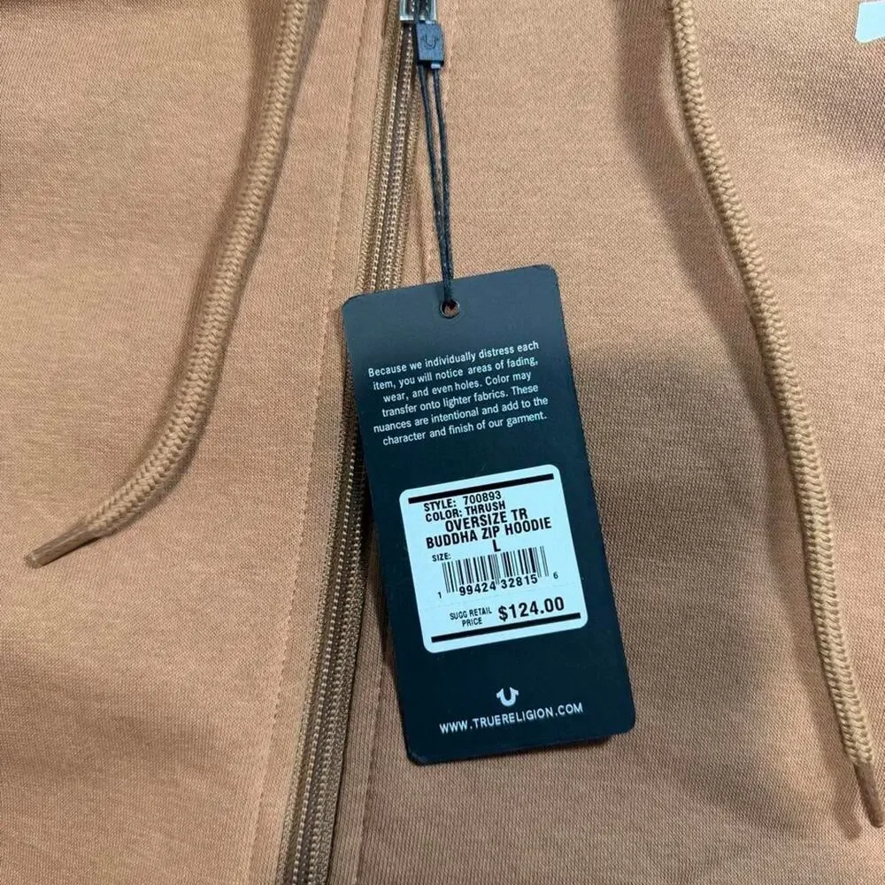 NWT True Religion Oversize TR Buddha Zip Hoodie Mens L Thrush Brown Horseshoe